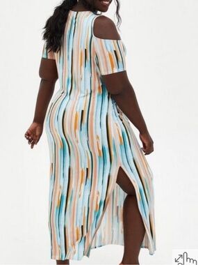 Torrid super soft cold shoulder maxi dress watercolor 1XL teal peach and navy